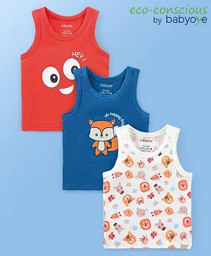 Babyoye 100% Cotton Knit With Antibacterial Finish Fox Print Sleeveless Set of Vests Pack of 3 - Multicolour