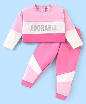 Babyhug 100% Cotton Knit Full Sleeves Crop Top & Lounge Pants Set Color Block & Glitter Print - Pink