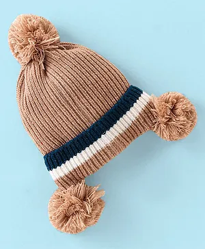 Babyhug Striped Woollen Cap with Pom Pom - Beige