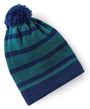 Babyhug Striped Print Woollen Cap Green & Blue - Diameter 10.5 cm