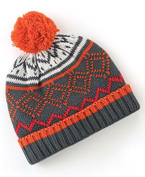 Babyhug Woollen Knit Cap With Pom Pom Grey  & Orange  - Diameter 12 cm