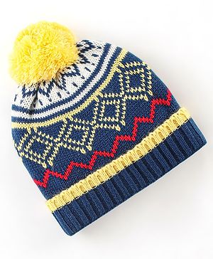 Babyhug Woollen Knit Cap With Pom Pom Navy Blue  & Yellow  - Diameter 12 cm