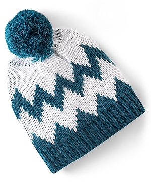 Babyhug Pom Pom Woollen Cap White & Blue - Diameter 9.5 cm