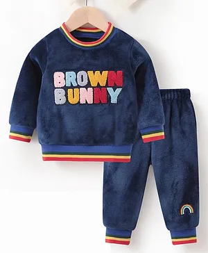 Kookie Kids Winter Wear Full Sleeves Sweatshirt & Lounge Pant Set Text Embroidery- Navy Blue