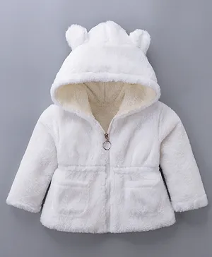 Kookie Kids Full Sleeves Solid Colour Hooded Jacket with Applique - White