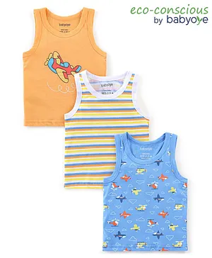 Babyoye 100% Cotton With Antibacterial Finish Sleeveless Helicopter Print Vests Pack of 3 - Multicolour