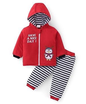 Babyhug Cotton Knit Full Sleeves Hooded Sweatshirt & Joggers Set With Penguin Embroidery - Red