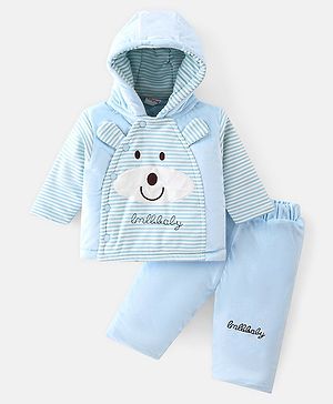Babyhug Hooded Full Sleeves Winter Wear Set Striped - Blue