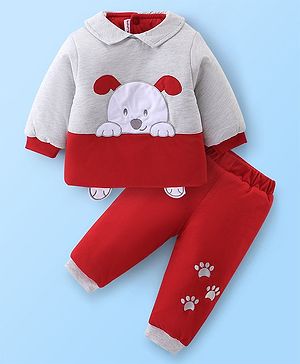 Babyhug 100% Cotton Knit Full Sleeves Winter Wear Suits With Teddy Bear Embroidery - Grey & Red
