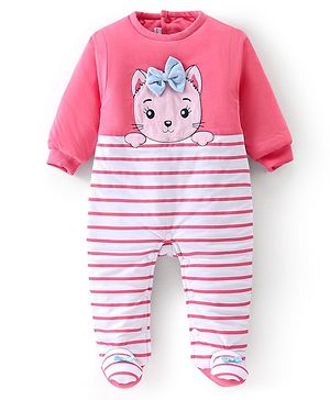 Babyhug Cotton Knit Full Sleeves Footed Winterwear Romper with Kitty Patch & Striped - Pink