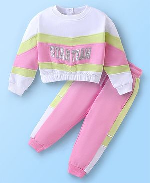 Babyhug 100% Cotton Full Sleeves Top & Lounge Pant Set Color Block & Text Embroidery- Pink & Lime