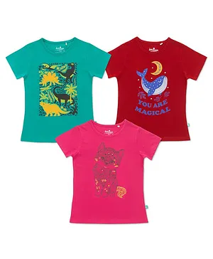 JusCubs Pack Of 3 Half Sleeves Animal & Sea Theme Graphic Printed Tees - Green Red & Pink
