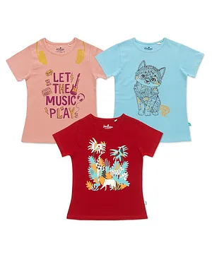 JusCubs Pack Of 3 Half Sleeves Animal & Floral Theme Graphic Printed Tees - Peach Blue & Red