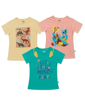 JusCubs Pack Of 3 Half Sleeves Animal & Music Theme Graphic Printed Tees - Yellow & Pink & Green