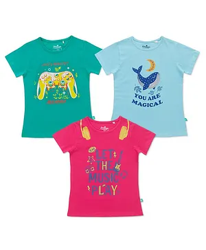 JusCubs Pack Of 3 Half Sleeves Animal Video Game & Sea Life Theme Graphic Printed Tees - Green Blue & Pink