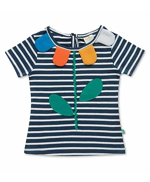 JusCubs Half Sleeves Jersey Leaves Appliqued Candy Striped Tee - Navy Blue