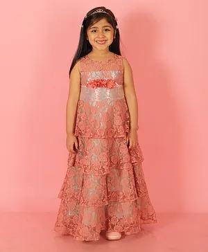 Lil Peacock Sleeveless Intricate Vintage Floral Designed & Lace Embellished Layered Gown - Dusty Pink
