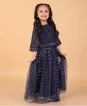 Lil Peacock Three Fourth Sleeves Sleeves Intricate Vintage Floral Designed & Lace Embellished Choli With Polka Dot Foil Printed Lehenga - Navy Blue