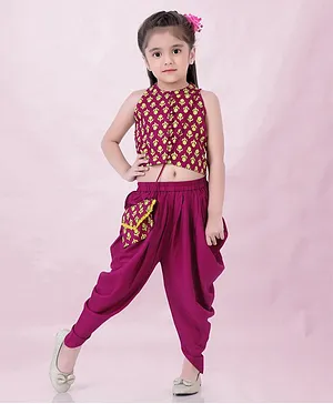 Lil Peacock Sleeveless Jaipuri Flower Motif Fusion Printed Top With Solid Draped Dhoti - Magenta Pink