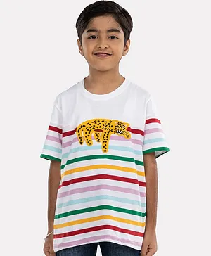 Growing Tree Half Sleeve Tiger Patch Detailed & Rugby Striped Tee - White