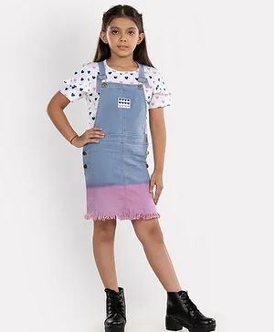 Growing Tree Half Sleeve Heart Printed Top With Distressed Hem Detailed Colour Blocked Dyed Dungaree - Blue