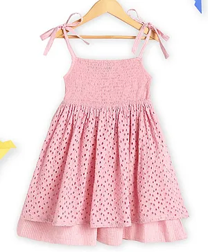 Charkhee Sleeveless Smocked Bodice & Cut Out Work Designed & Schiffli Embroidery Detailed Fit & Flare Strappy Dress - Pink