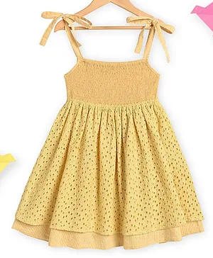 Charkhee Sleeveless Smocked Bodice & Cut Out Work Designed & Schiffli Embroidery Detailed Fit & Flare Strappy Dress - Yellow
