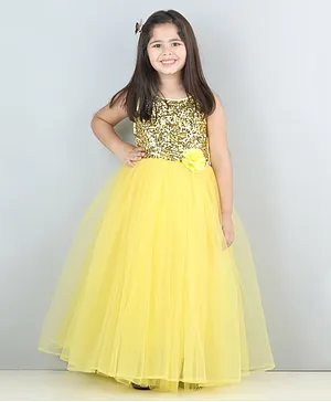 Toy Balloon Sleeveless Sequins Embellished Bodice Tulle Flared Floral Appliqued Party Gown - Yellow