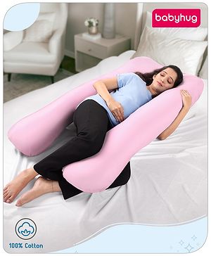 Babyhug 100% Cotton Flexible & Supportive U Shape Maternity Pillow - Baby Pink| Soft yet Firm| Breathable Fabric| Sleep Feeding & Back Support| Relieves Back Pain| Ideal for Pregnant Women| Facilitates Peaceful Sleep| Full body and Back Support