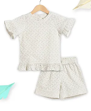 Charkhee Frill Half Sleeves Cut Out Work Designed & Schiffli Embroidery Detailed Top With Coordinating Shorts - Off White