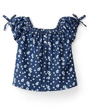 Babyhug Denim Cotton Blend Half Sleeves Top with Bow Detailing Floral Print - Navy