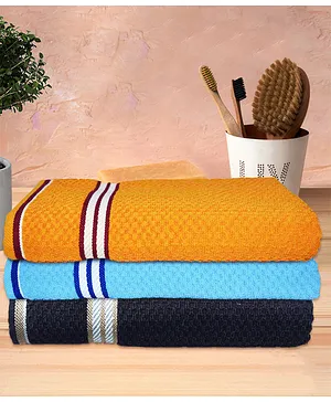 Athom Living Popcorn Textured Solid Bath Towel Pack Of 3 - Yellow & Blue Brown
