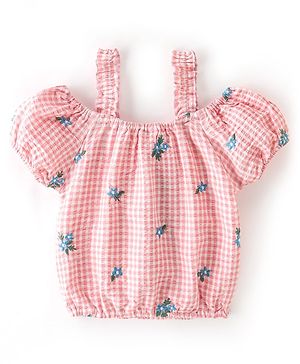 Babyhug Seer Sucker Cold Shoulder Yarn Dyed Woven Checks Top with Frill & Floral Embroidery - Orange