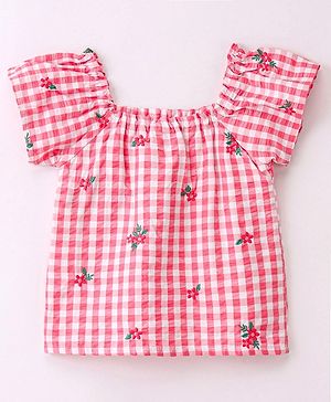 Babyhug Cotton Yarn Dyed Woven Half Sleeves Checks Top With Frill & Embroidery Detailing- Peach & White