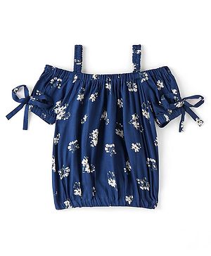 Babyhug Rayon Cold Shoulder Top With Bow Detailing & Floral Print - Navy Blue