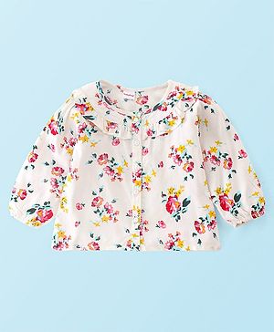 Babyhug 100% Rayon Full Sleeves Top Floral Print with Frill Detailing - Off White