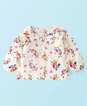 Babyhug 100% Rayon Full Sleeves Top Floral Print with Frill Detailing - Off White