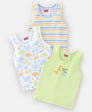 Babyhug 100% Cotton Sleeveless Sando Stripes & Dino Print Pack of 3 - Green & White