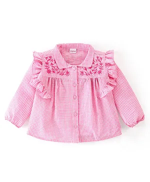 Babyhug Seer Sucker Full Sleeves Checkered Top with Embroidery & Frill Detailing - Pink