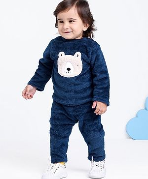Babyhug Knit Full Sleeves Winter Wear Night Suit With Teddy Applique - Navy Blue