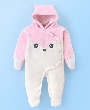 Babyhug Knit Full Sleeves Winter Wear Romper with Eyes Applique - Pink