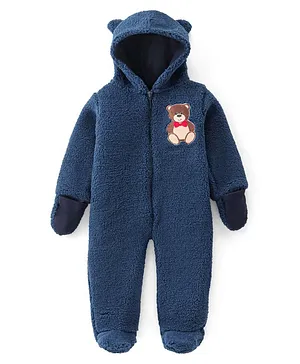 Babyhug Knitted Full Sleeves Winter Wear Romper With Teddy Applique - Navy Blue