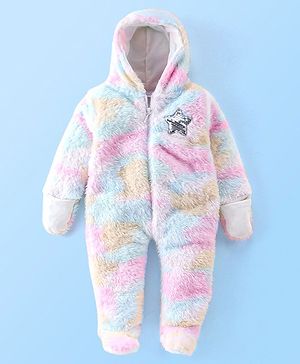 Babyhug Full Sleeves Winter Wear Tie Dye Hooded Romper - Pink Blue & White