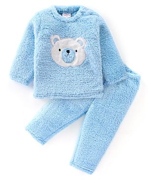 Babyhug Full Sleeves Winter Wear Top & Pajama Set Teddy Applique - Blue