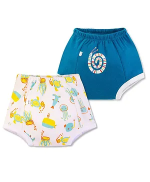 Plan B 100% Cotton Pack Of 2 Sea Life Printed Padded Potty Training Briefs - Blue White