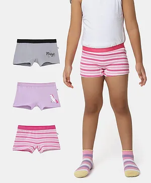 Plan B 95% Cotton 5 % Elastane Pack Of 3 Unicorn Printed & Striped Boxers - Grey & Lavender