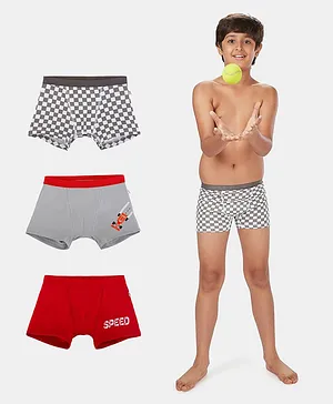 Plan B 95% Cotton 5 % Elastane Pack Of 3 Checks Speer Car Printed Briefs - Red Grey