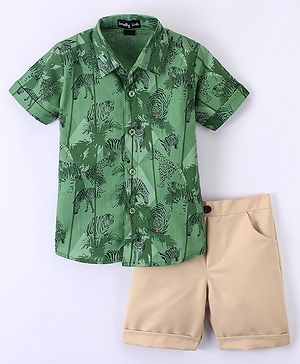 Knotty Kids Half Sleeves Forest Wild Life Printed Shirt & Shorts Set - Green & Beige