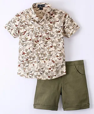 Knotty Kids Half Sleeves Forest Wild Life Printed Shirt & Shorts Set - Cream & Olive