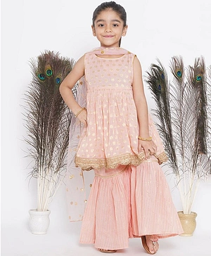 Little Bansi Sleeveless Striped Dress Style Polka Dots Foil Printed Lace Tape Embellished Kurta & Sharara With Dupatta - Peach